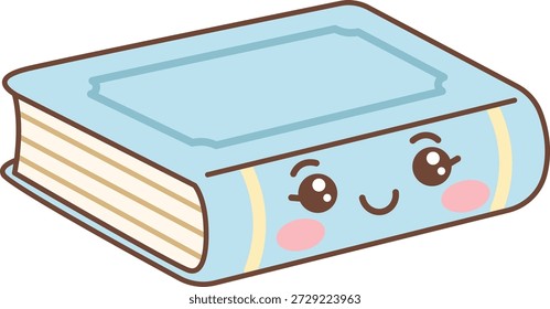 Libro con cara linda, mejillas rosadas, líneas redondeadas y cubierta gruesa en estilo de dibujos animados kawaii. Símbolo de aprendizaje, conocimiento, educación y alegría lectora. Ilustración vectorial de dibujos animados.