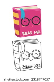 Caricatura de ilustraciones vectoriales lindas del libro aisladas en fondo blanco. Vector de libros coloreado e incoloro. Cuta página de coloreo para los niños. 
