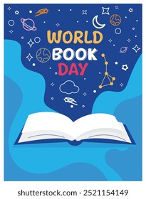 Book Day with astronomical doodles. The importance of knowledge from a book. Happy Book Day concept. Flat vector illustration.