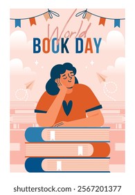 Book Day. Banner template with cute vector illustration of girl, who sitting on big stack of books and supporting her head. Young woman, who love reading. Bookworm concept. Flat Design.