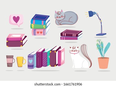book day, cats books plant lamp coffee cup icons vector illustration