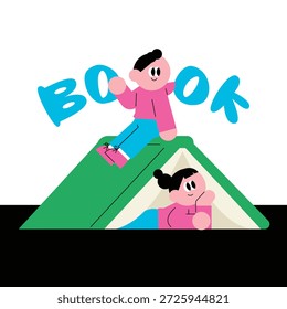 Día del Libro. Un niño sonriendo entre libros abiertos. Disfrutar de la lectura con amigos. Aventura de libros para niños. 