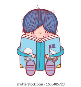 book day, cute boy sitting reading book pirates isolated design vector illustration