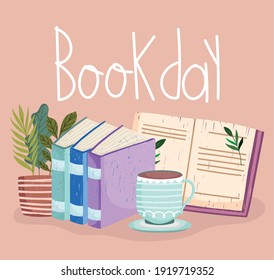 book day handwritten lettering books coffee cup and plant vector illustration