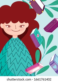 book day, happy teen girl books leaves cartoon vector illustration