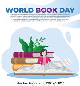Book day illustration of girl reading book people literature fans with book vector flat illustration