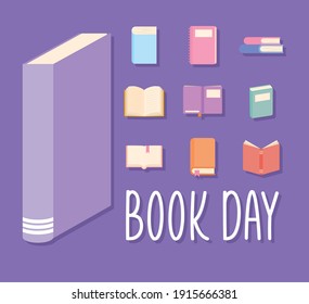 book day lettering and bundle of books icons on a purple background vector illustration design