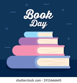 book day lettering and bundle of books icons vector illustration design