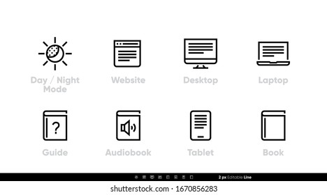 Book with Day - Night Mode icon. Read, Audiobook, Guide, Website, Mobile, Tablet. Editable line vector set on white background