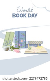 Book Day poster with tulip flower coffee cup stack of books and open book