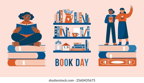 Book Day. Set of vector illustrations with  people, who sitting and stands on stack of books. Dark-skinned teenage girl sitting on books and reading. Cute clip art with bookshelf, vase, lantern.