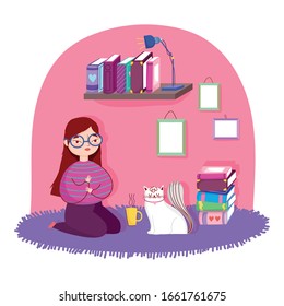 book day, teen girl with cat coffee cup lamp and many books vector illustration