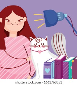 book day, teen girl with cat and stack books bright lamp vector illustration