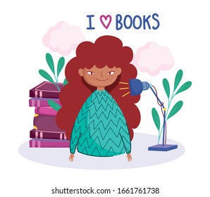 book day, teen girl long hair with lamp and stacked books vector illustration