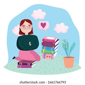 book day, teen girl on the knees with pile books and plant in pot vector illustration