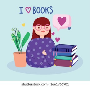 book day, teen girl portrait stacked books and potted plant love vector illustration