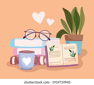 book day, textbooks glasses coffee cup and potted plant vector illustration hand drawn style