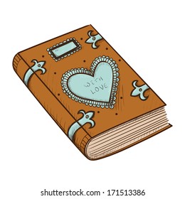 Book with decorative heart. Sketch vector design element for Valentine's day