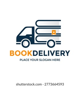 Book delivery logo design template. Books forming a delivery truck icon for library shipping, online bookstore, and logistics.