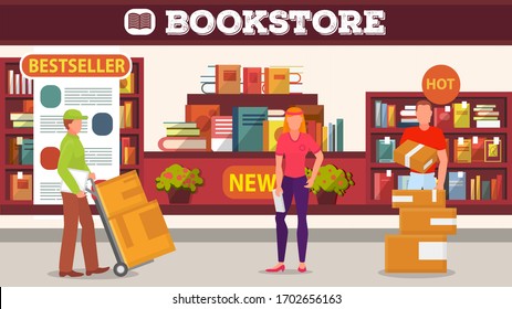Book delivery to the store, goods reception flat vector illustration. The seller receives books from the courier, a bookstore, shelves with books. Book Shop.