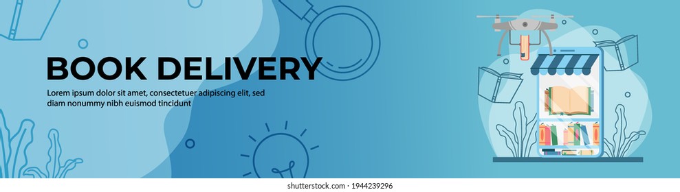 Diseño de banner Web de entrega de libros. Concepto de librería en línea. educación en línea, tienda en línea. Compras en línea. banner de encabezado o pie de página.