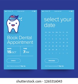 Book Dental Appointment App Design with Cute Happy Tooth Vector Illustration