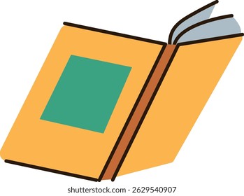A book is depicted with a minimalist line art style and a few flat colors.  The open tome shows pages and a cover with a square shape inside. Cartoon vector illustration