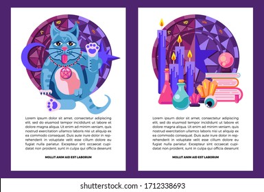 Diseño del libro con lugar para el texto. Un gato con alas de murciélago se sienta lamiendo sobre el fondo de símbolos ocultos. Velas, libros, cristales, bola para adivinar la suerte, ojos, horóscopo, frascos, pociones, murciélagos.