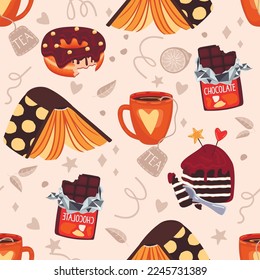 Book and desserts seamless pattern.Cup of tea,donut,chocolate bar and cake.Background and texture for printing on fabric and paper.Concept of having good time with storybook.Flat  vector illustration.