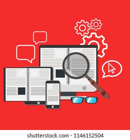 Book digital library icon studying vector. Computer ebook modern technology course training people education. Teaching science device app online banner. Literature research distance internet design.