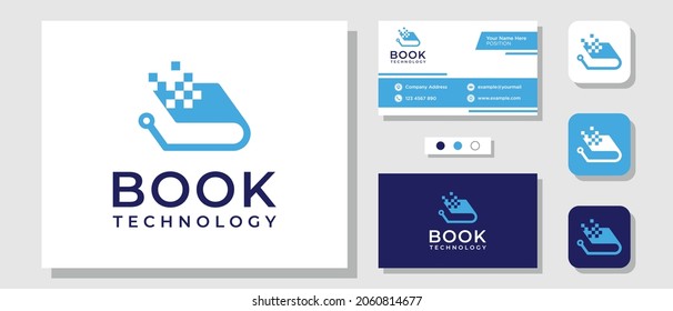 Book Digital Technology Education Academy Pixel Logo Design with Layout Template Business Card