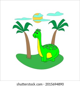 Book with a dinosaur in a clearing with palm trees. Illustration for educational exercise books for children. Children's print for postcards, books, games, children's rugs, clothes pictures, etc.