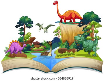 Book of dinosaur in the forest illustration