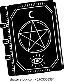 A book of divination, spells, and predictions. The Black Book of Divination. The pentagram on the book. Vector illustration.