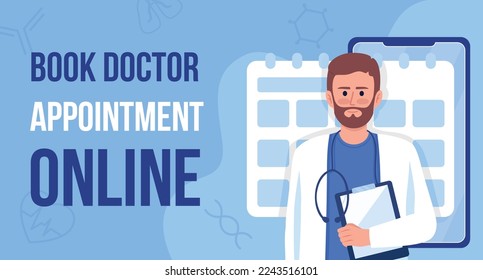 Book doctor appointment online flat vector banner template. Making visit poster, leaflet printable color designs. Editable flyer page with text space. Bebas Neue, Anton Regular fonts used