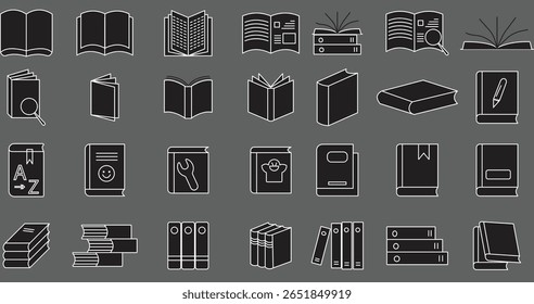 Conjunto de Ícones Simples de Livro e Documento Incluindo Livros Abertos, Livros-Texto Fechados, Fichários, Manuais, Diários e Arquivos de Estudo com Plano de Fundo Transparente