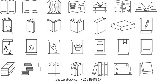 Conjunto de Ícones de Livro e Documento Incluindo Livros Abertos, Manuais, Diários e Arquivos de Estudo com Plano de Fundo Transparente