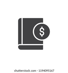 Book and dollar coin vector icon. filled flat sign for mobile concept and web design. Budget, money textbook simple solid icon. Symbol, logo illustration. Pixel perfect vector graphics