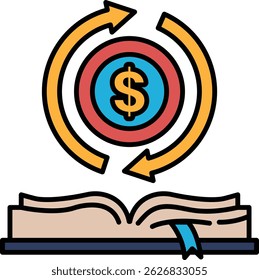 A book with a dollar sign on the cover. The dollar sign is surrounded by arrows pointing in different directions