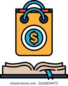 A book with a dollar sign on it. The dollar sign is on the cover of the book, which suggests that the book may be about money or finance. The book is open, revealing its title