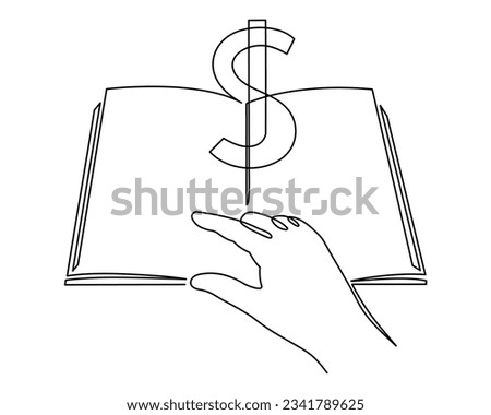 Book with dollar sign one line art,hand drawn continuous currency contour.Financial literacy concept. Business education studying learning template outline.Editable stroke.Isolated.Vector illustration