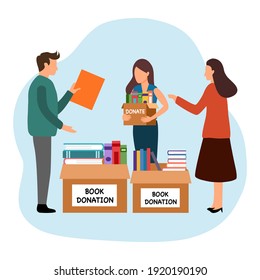 Book Donation Concept Vector Illustration On White Background. People Donate Second Hand Books For Library. Time For Knowledge Charity.