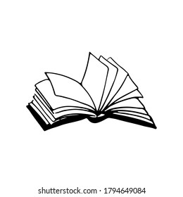 Book doodle color linear icon. Opened book with pages fluttering hand drawn illustration. Literature in library. Vector single cartoon element isolated on white background