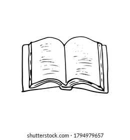 Book doodle color linear icon. Opened book with pages hand drawn illustration. Literature in library. Reading story, novel, study. Vector single cartoon element isolated on white background