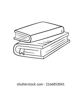 Book in doodle style, vector illustration. Icon of book stack with ribbon for print and design. Isolated element on a white background. Back to school concept, hand drawn graphic sketch.