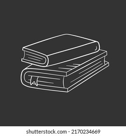 Book in doodle style, vector illustration. Icon of book stack with ribbon for print and design. Isolated element on chalk board background. Concept of back to school, hand drawn graphic sketch