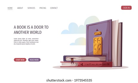 Book with door. Bookstore, bookshop, library, book lover, bibliophile, education concept. Vector illustration for poster, banner, website.