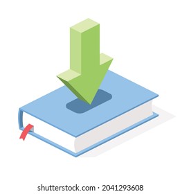 Book down arrow download. Vector 3d symbol, isometric, color web icons, new flat style. Creative design idea, concept for infographics.