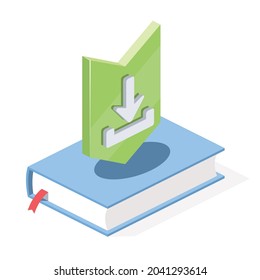 Book download arrow. Vector 3d symbol, isometric, color web icons, new flat style. Creative design idea, concept for infographics.