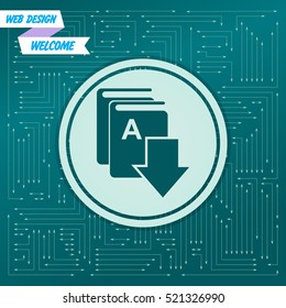 Book download, e-book icon on a green background, with arrows in different directions. It appears on the electronic board. Vector illustration